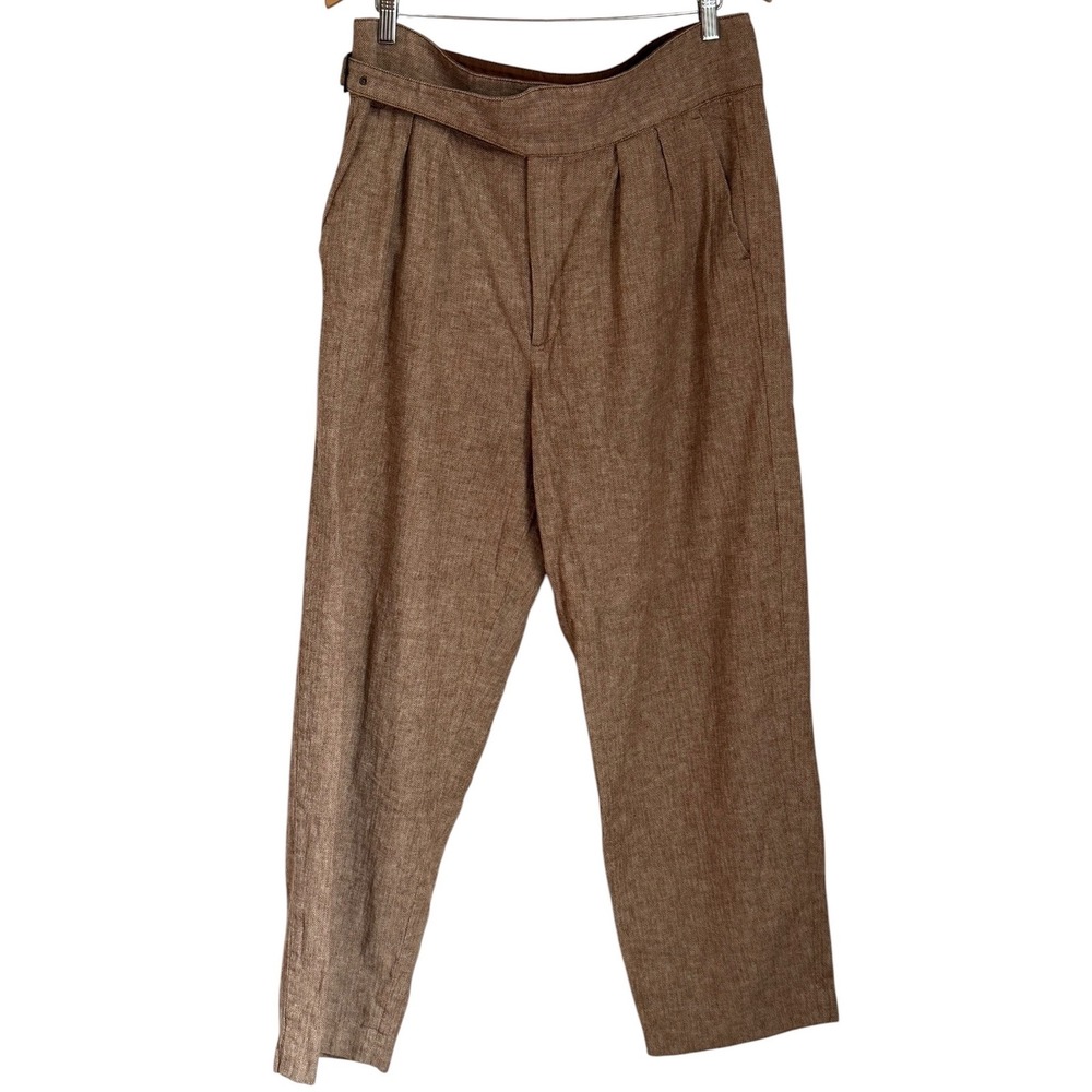 Banana Republic Herringbone Linen Blend Pants Womens 14 Brown Pleated Quiet Lux - Picture 3 of 13